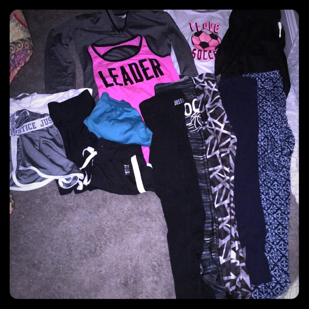 Athletics shorts and leggings and shirts.